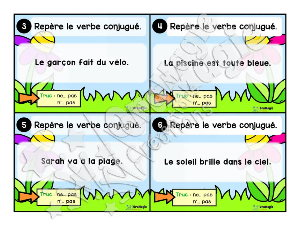 Cartes à tâches - La sortie des verbes - Repérer le verbe conjugué dans une phrase - 1re année