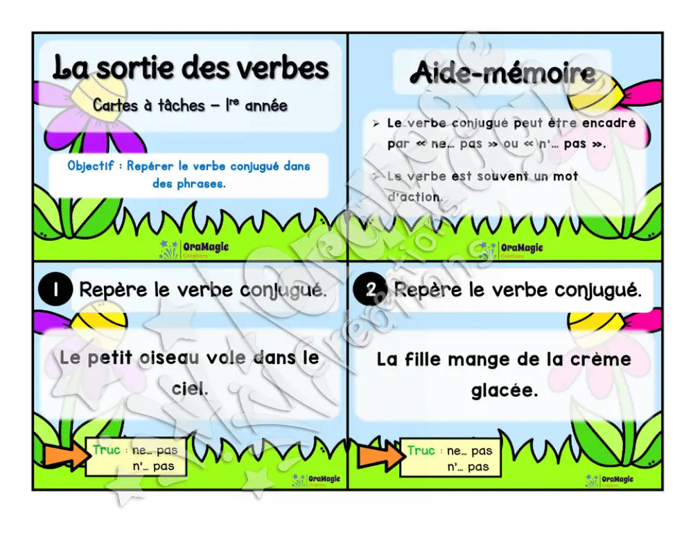 Cartes à tâches - La sortie des verbes  - Repérer le verbe conjugué dans une phrase - 1re année.pdf