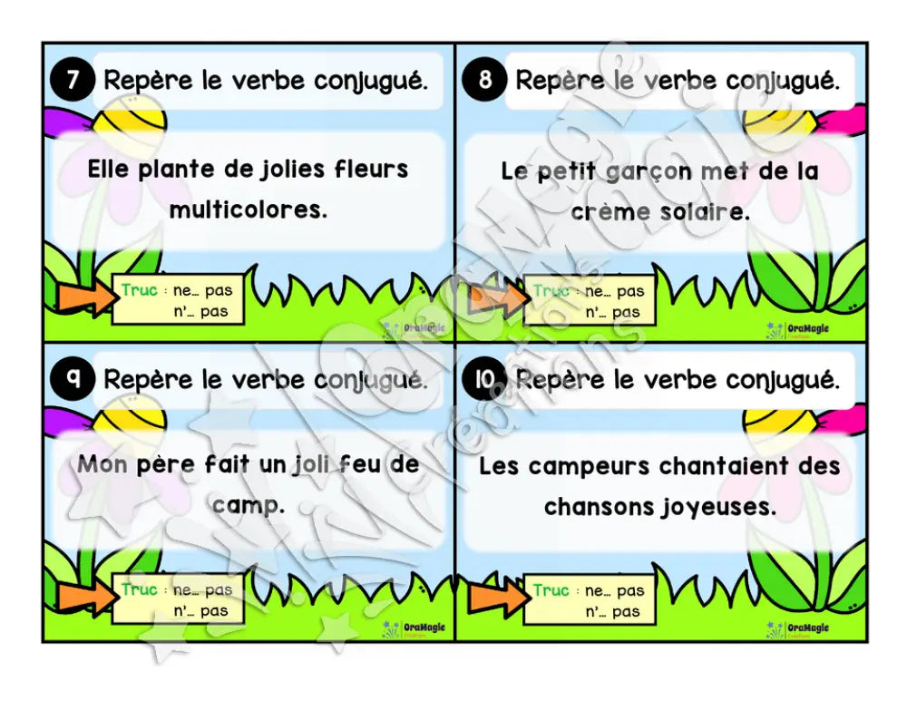 Cartes à tâches - La sortie des verbes - Repérer le verbe conjugué dans une phrase - 2e année