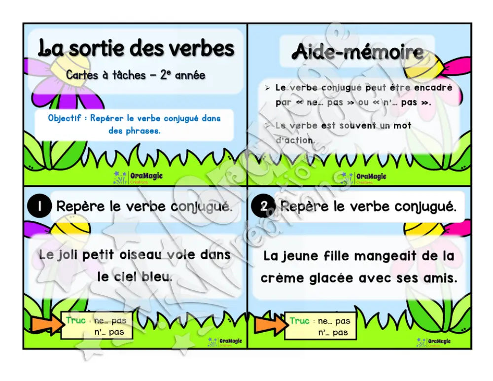 Cartes à tâches - La sortie des verbes  - Repérer le verbe conjugué dans une phrase - 2e année.pdf