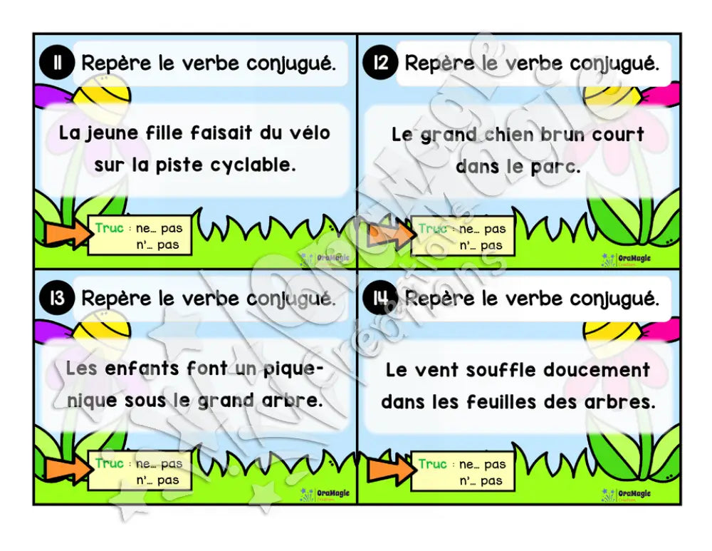 Cartes à tâches - La sortie des verbes - Repérer le verbe conjugué dans une phrase - 2e année