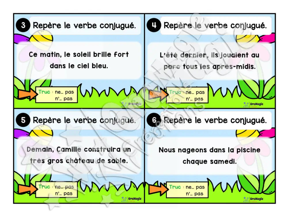 Cartes à tâches - La sortie des verbes - Repérer le verbe conjugué dans une phrase - 3e année