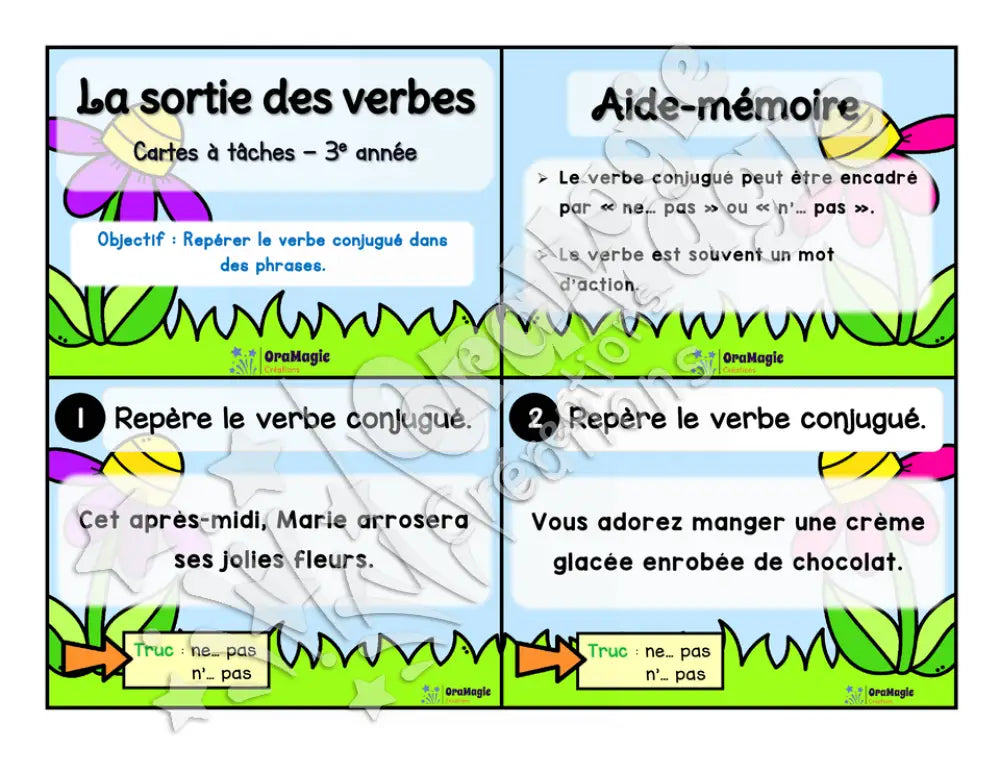 Cartes à tâches - La sortie des verbes  - Repérer le verbe conjugué dans une phrase - 3e année.pdf