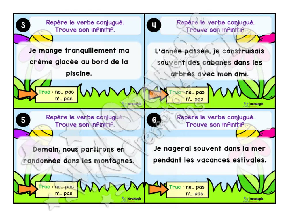 Cartes à tâches - La sortie des verbes - Repérer le verbe conjugué dans une phrase - 4e année