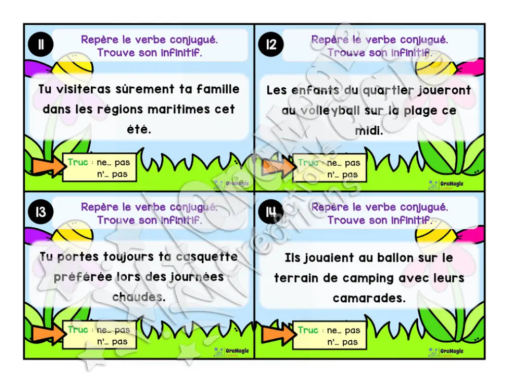 Cartes à tâches - La sortie des verbes - Repérer le verbe conjugué dans une phrase - 4e année