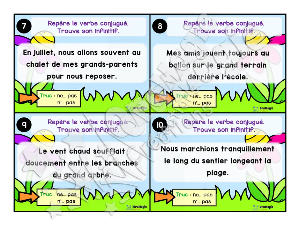 Cartes à tâches - La sortie des verbes - Repérer le verbe conjugué dans une phrase - 4e année