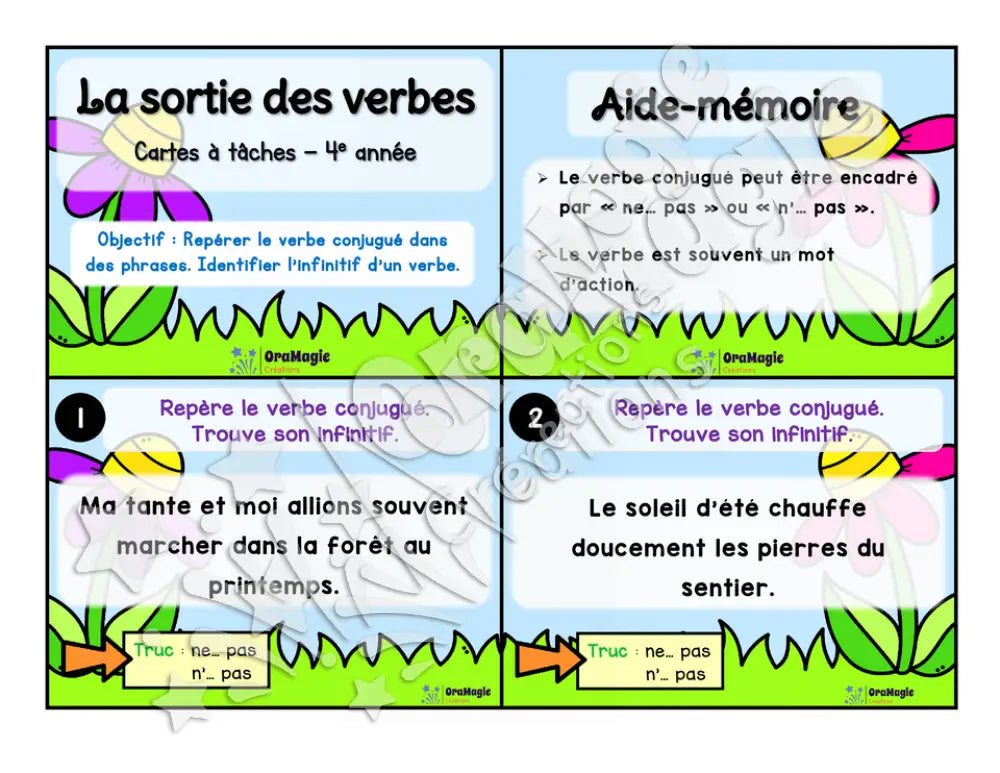 Cartes à tâches - La sortie des verbes  - Repérer le verbe conjugué dans une phrase - 4e année.pdf