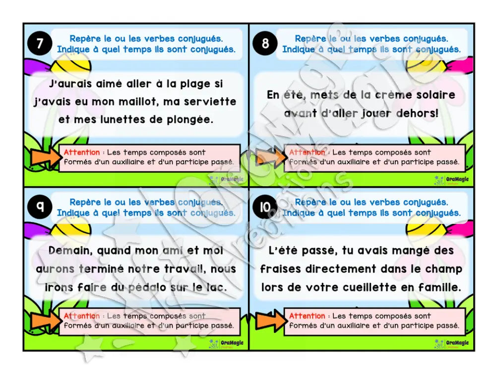 Cartes à tâches - La sortie des verbes - Repérer le verbe conjugué dans une phrase - 5e année