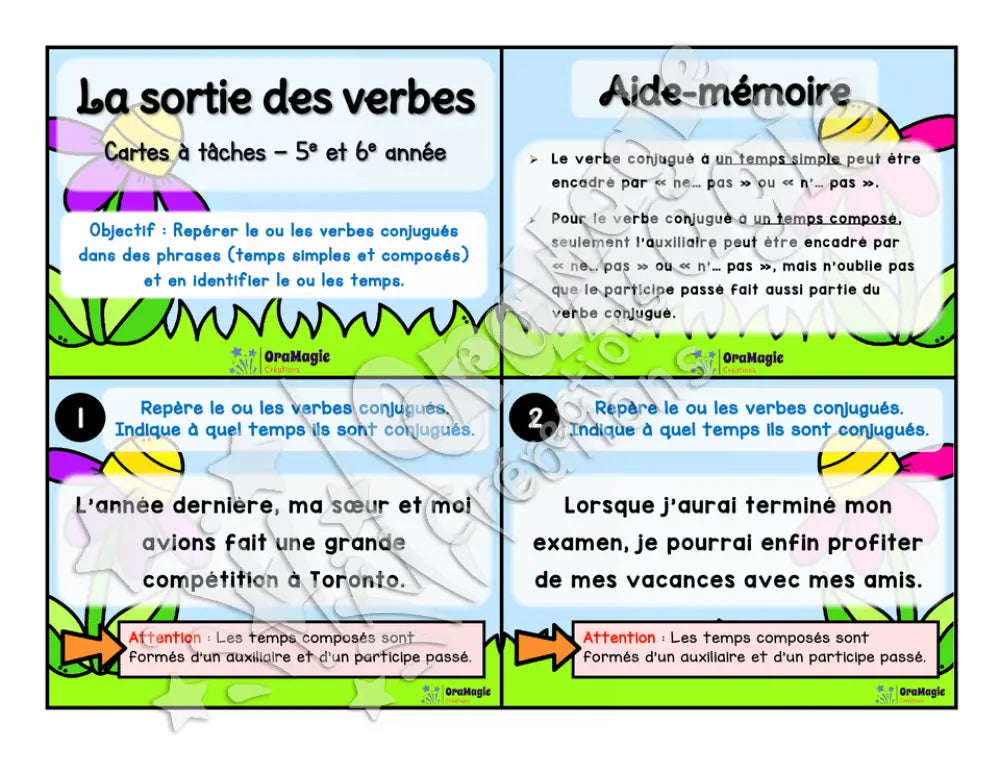 Cartes à tâches - La sortie des verbes  - Repérer le verbe conjugué dans une phrase - 5e et 6e année.pdf