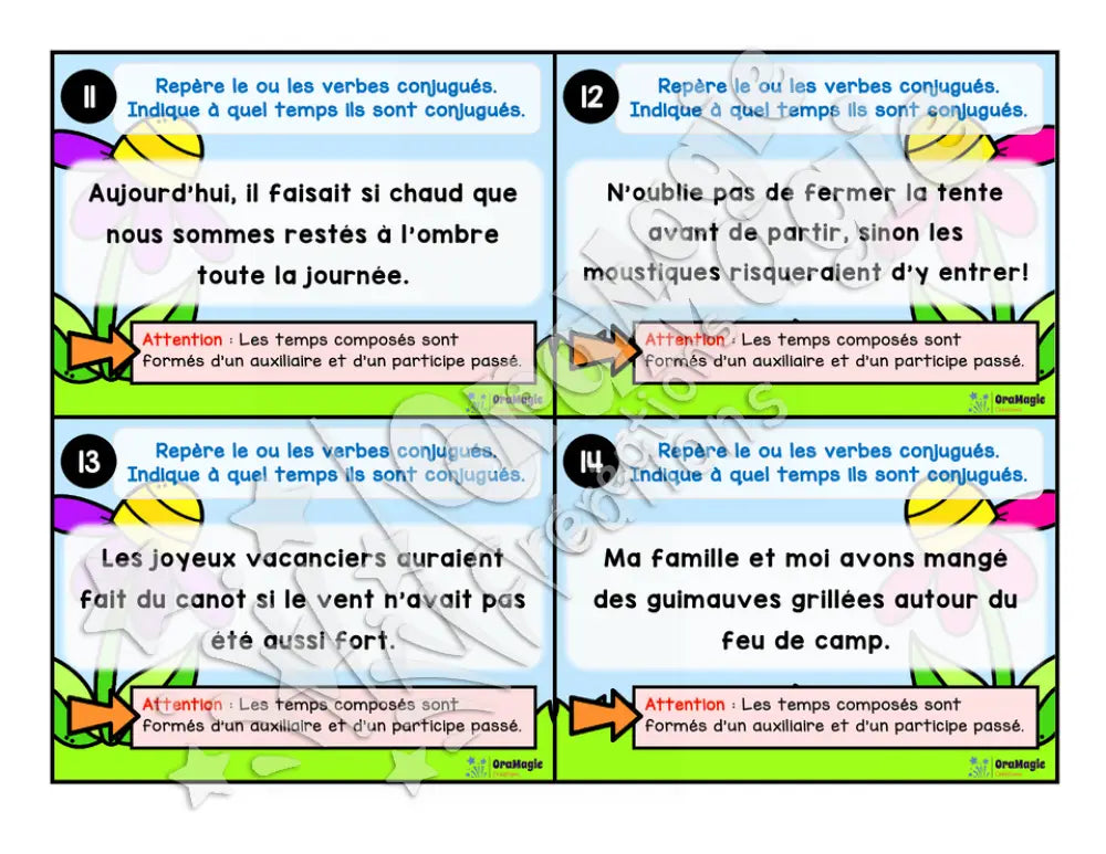 Cartes à tâches - La sortie des verbes - Repérer le verbe conjugué dans une phrase - 5e année