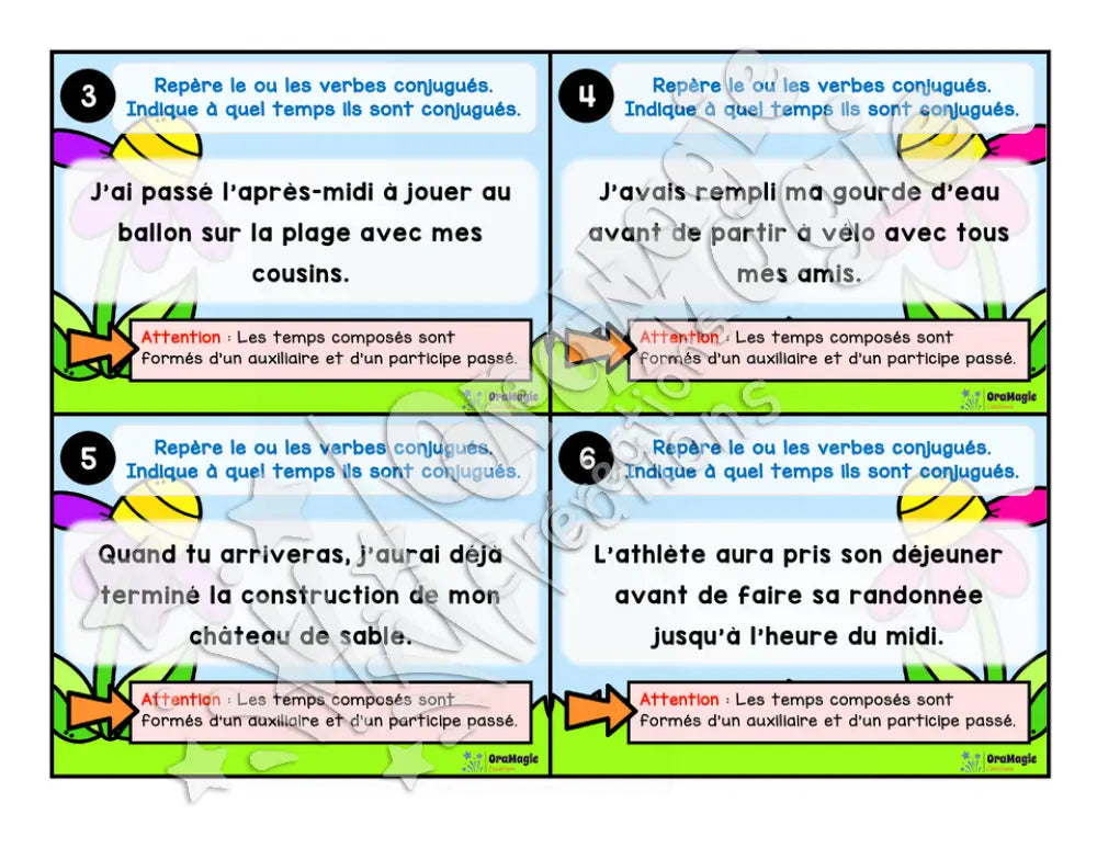 Cartes à tâches - La sortie des verbes - Repérer le verbe conjugué dans une phrase - 5e année