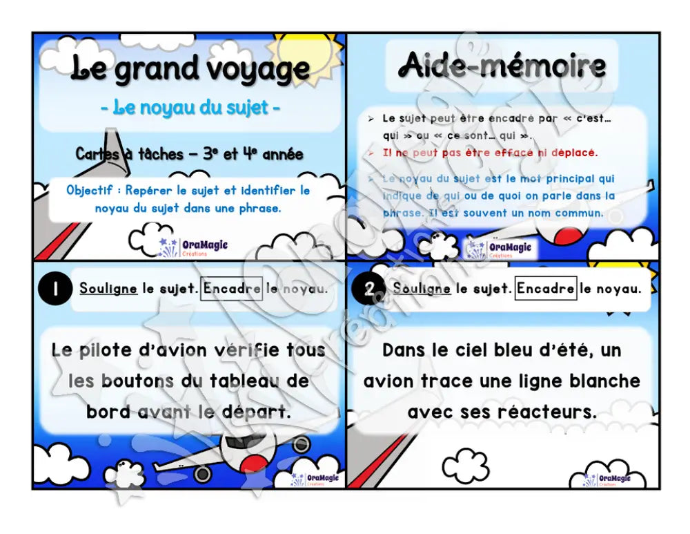 Cartes à tâches - Le grand voyage - Repérer le sujet de la phrase et le noyau du sujet - 3e et 4e année.pdf