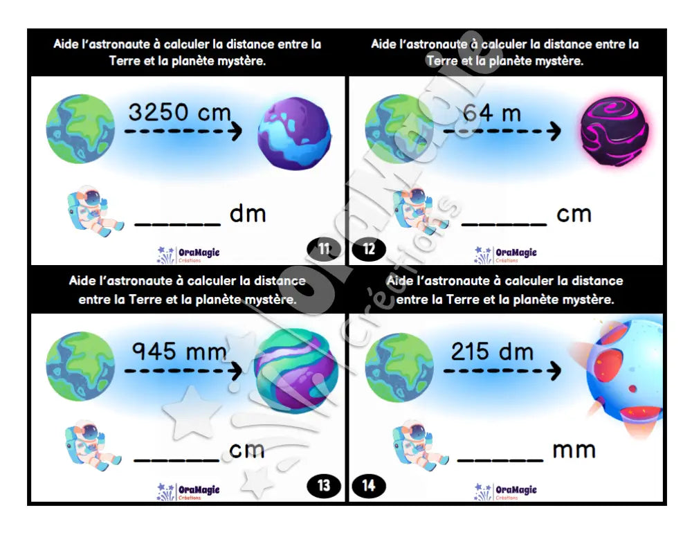 Cartes à tâches - Mesures cosmiques - Les conversions de mesures - 3e et 4e années - Produit numérique