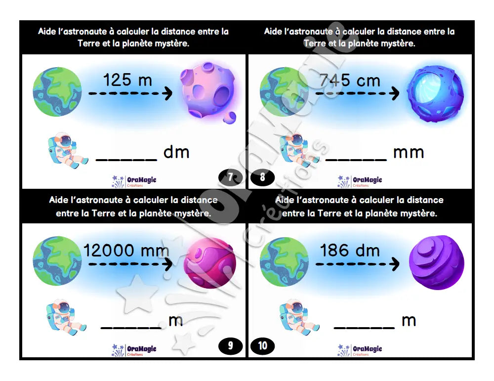 Cartes à tâches - Mesures cosmiques - Les conversions de mesures - 3e et 4e années - Produit numérique