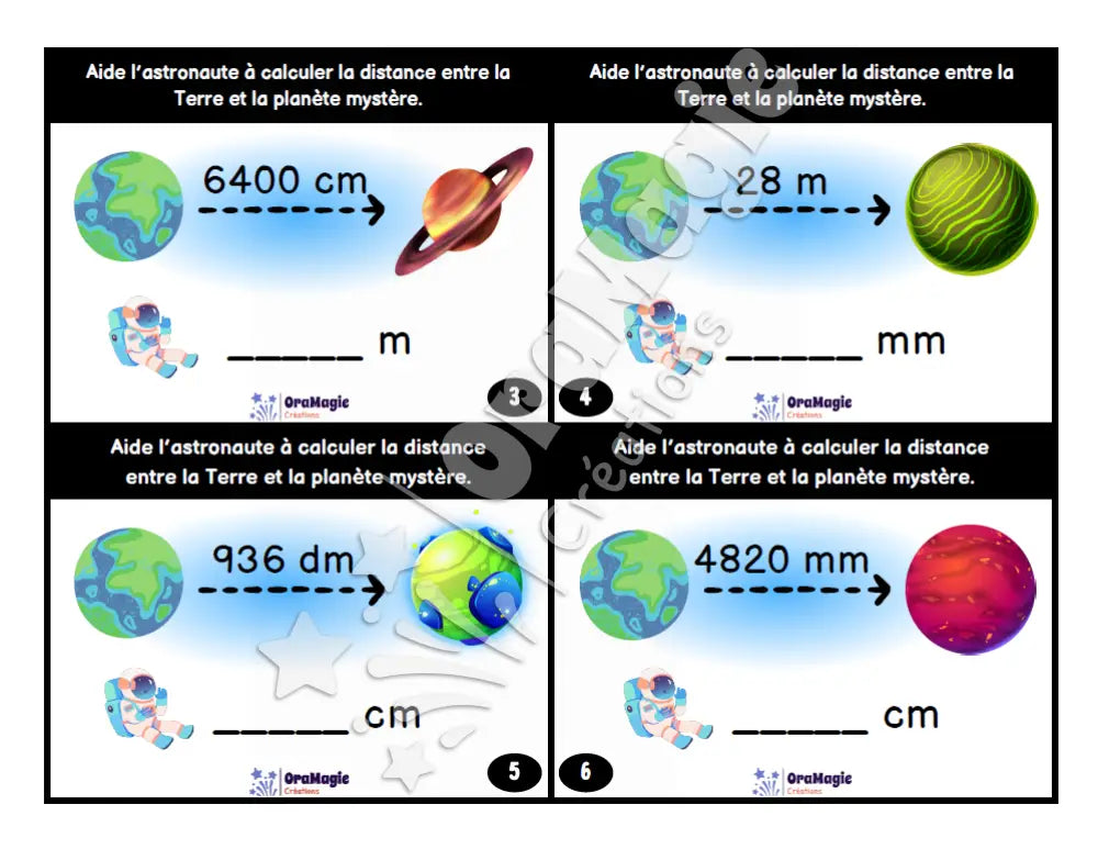 Cartes à tâches - Mesures cosmiques - Les conversions de mesures - 3e et 4e années - Produit numérique