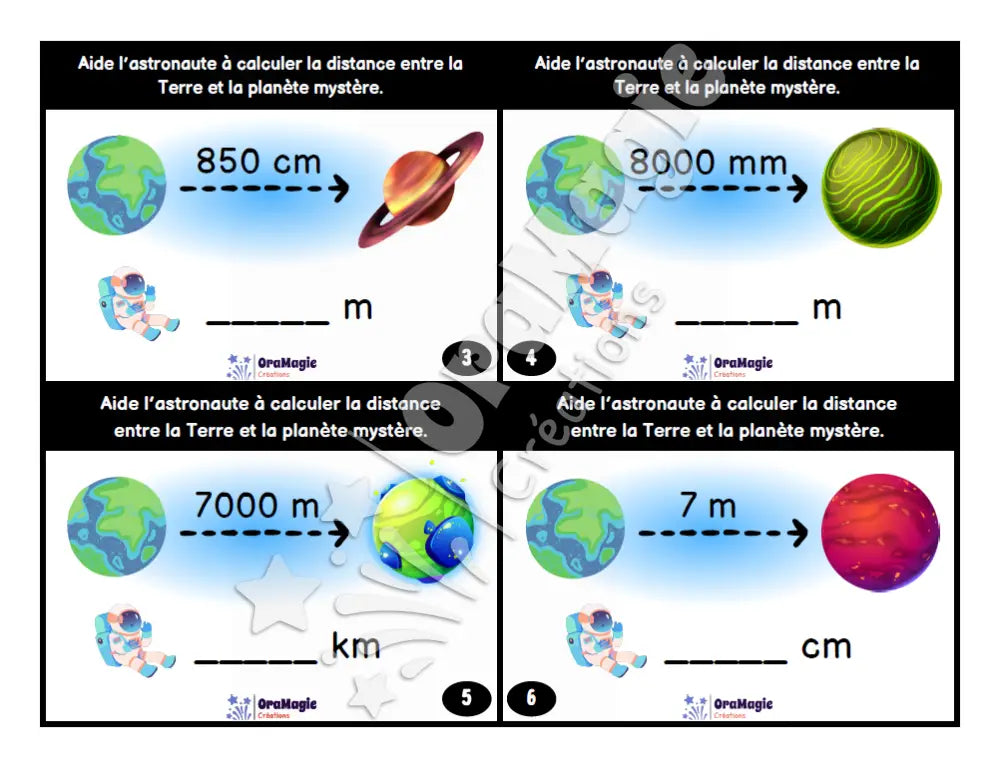 Cartes à tâches - Mesures cosmiques - Les conversions de mesures - 5e et 6e années - Produit numérique
