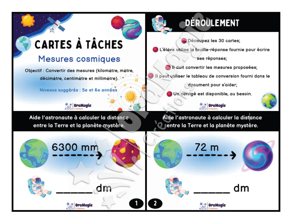 Cartes à tâches - Mesures cosmiques - Les conversions de mesures - 5e et 6e années - Produit numérique