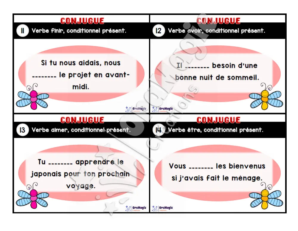 Cartes à tâches - Mon verbe en cartes - Verbe AIMER ALLER AVOIR ÊTRE FINIR conditionnel présent de l’indicatif - 3e et