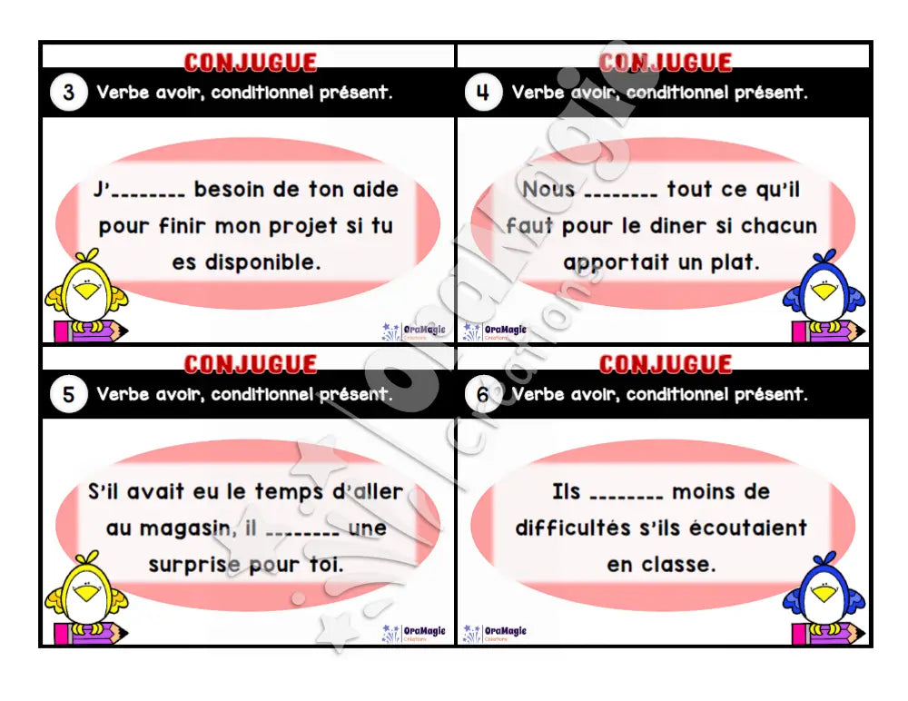 Cartes à tâches - Mon verbe en cartes - Verbe AVOIR conditionnel présent de l’indicatif - 3e et 4e année - Produit