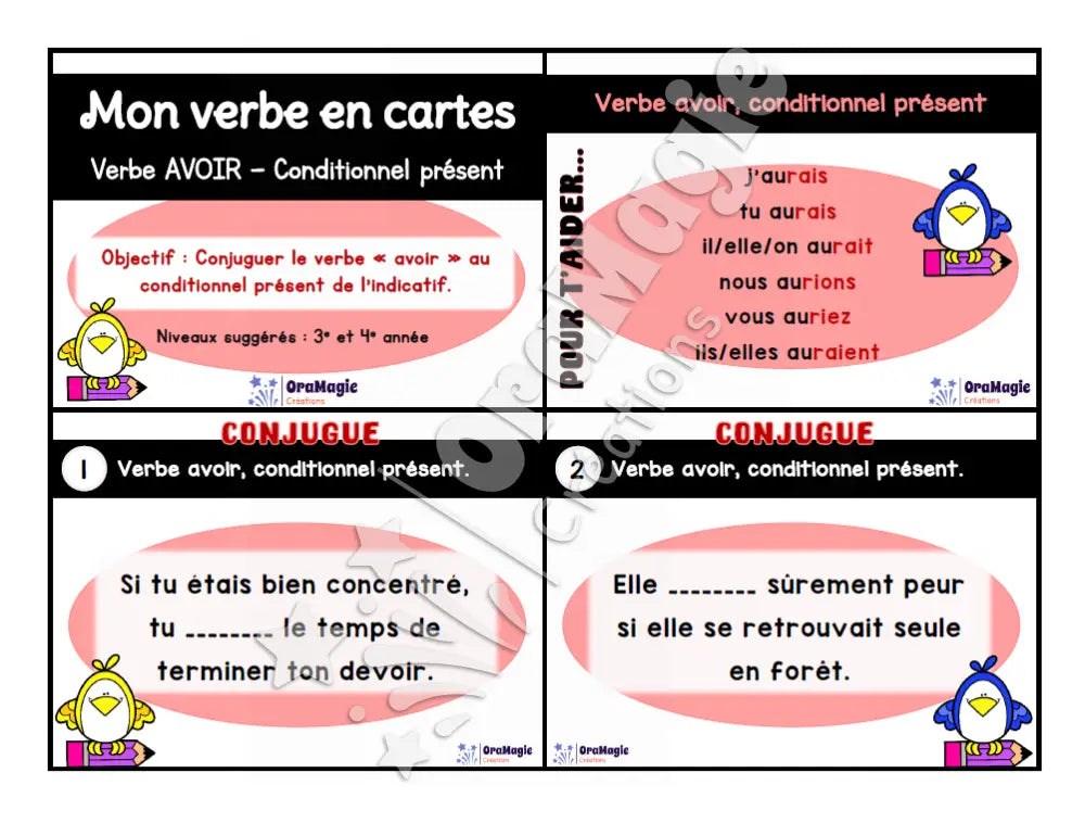 Cartes à tâches - Mon verbe en cartes - Verbe AVOIR conditionnel présent de l’indicatif - 3e et 4e année - Produit