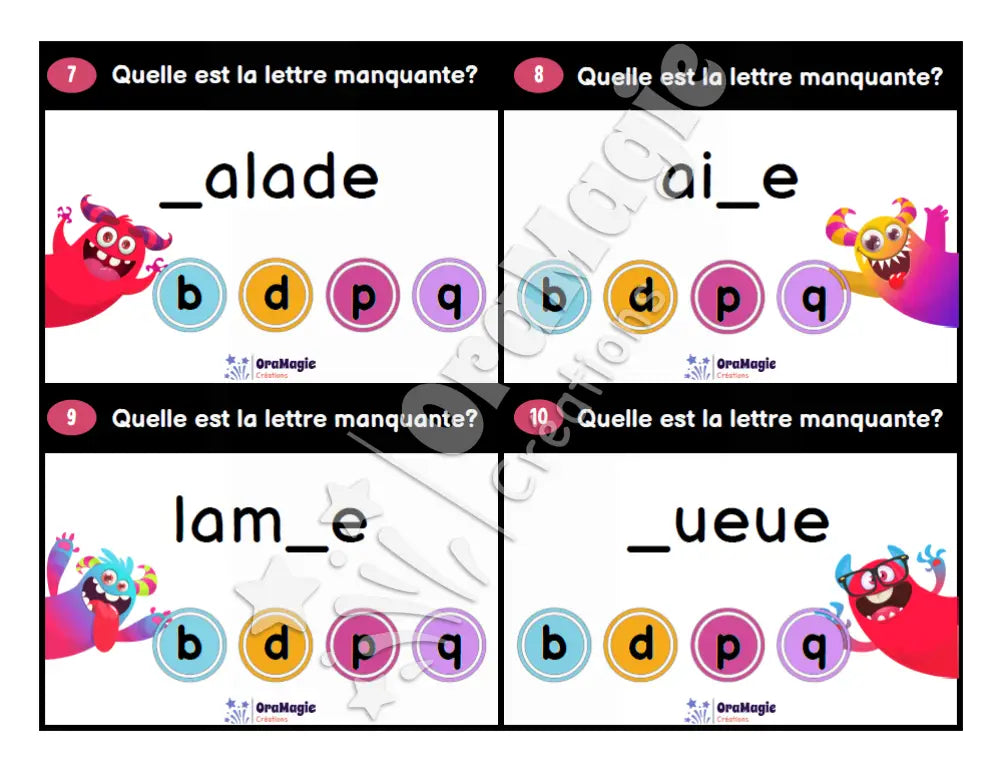 Cartes à tâches - Monstres du b d p q - Produit numérique