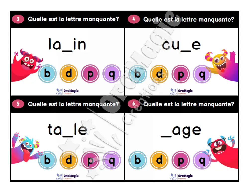 Cartes à tâches - Monstres du b d p q - Produit numérique