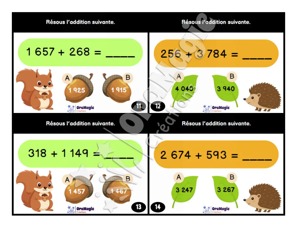Cartes à tâches - Noisettes et grands calculs - Les additions de grands nombres - 3e et 4e années - Produit numérique