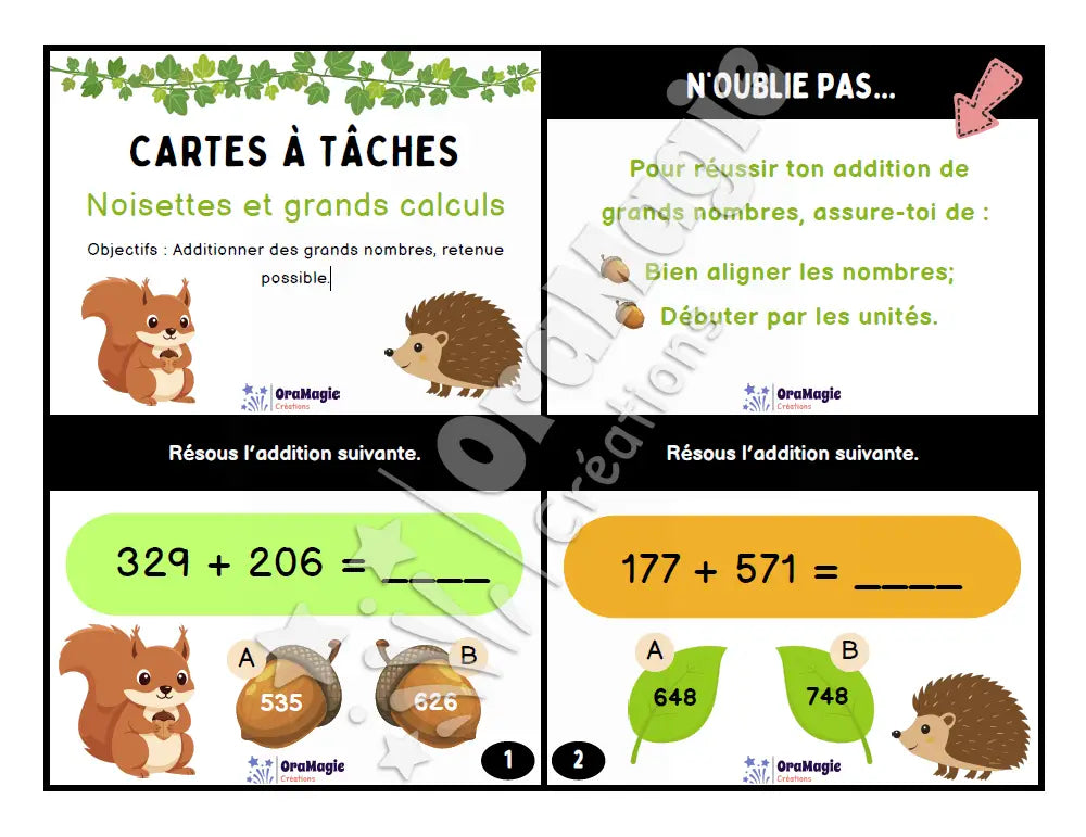 Cartes à tâches - Noisettes et grands calculs - Les additions de grands nombres - 3e et 4e années - Produit numérique