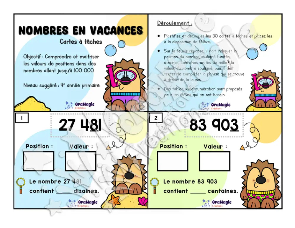 Cartes à tâches - Nombres en vacances - Valeur de position - 4e année - 5$.pdf