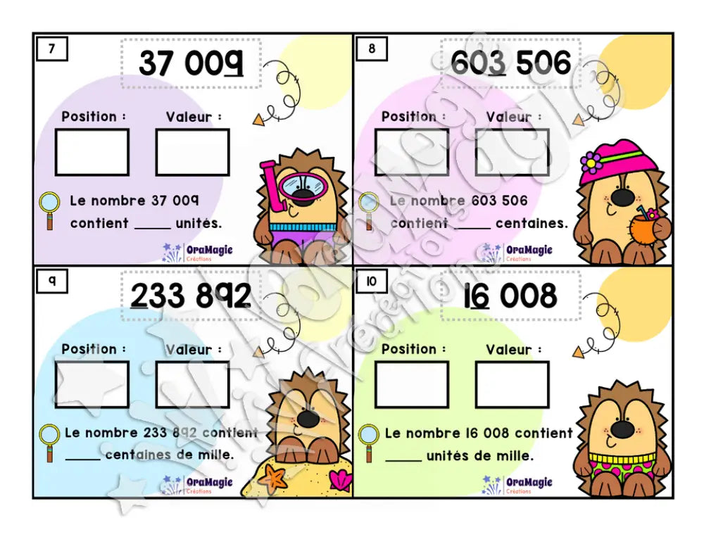 Cartes à tâches - Nombres en vacances - Valeur de position