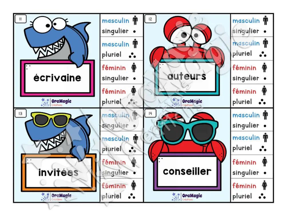 Cartes à tâches - Noms à la plage - Genre et nombre des noms