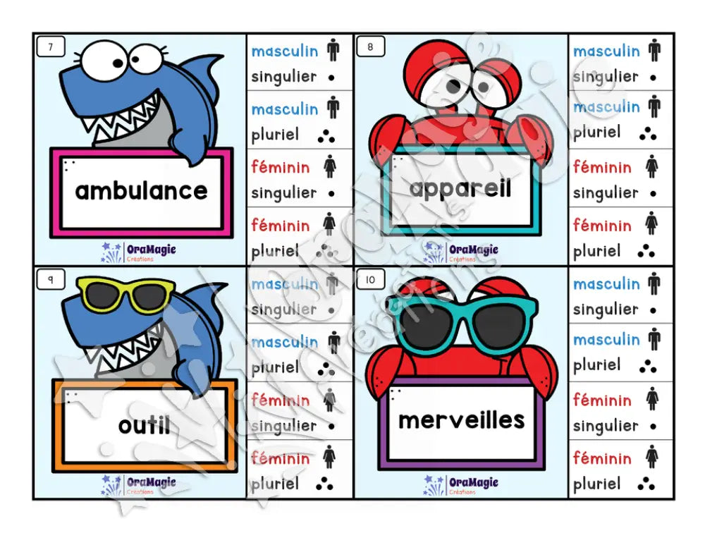 Cartes à tâches - Noms à la plage - Genre et nombre des noms