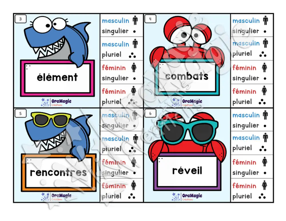 Cartes à tâches - Noms à la plage - Genre et nombre des noms