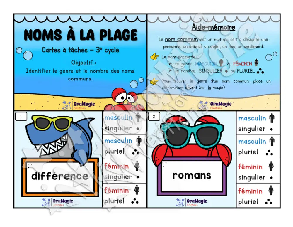 Cartes à tâches - Noms à la plage - Genre et nombre des noms - 3e cycle - 4$.pdf