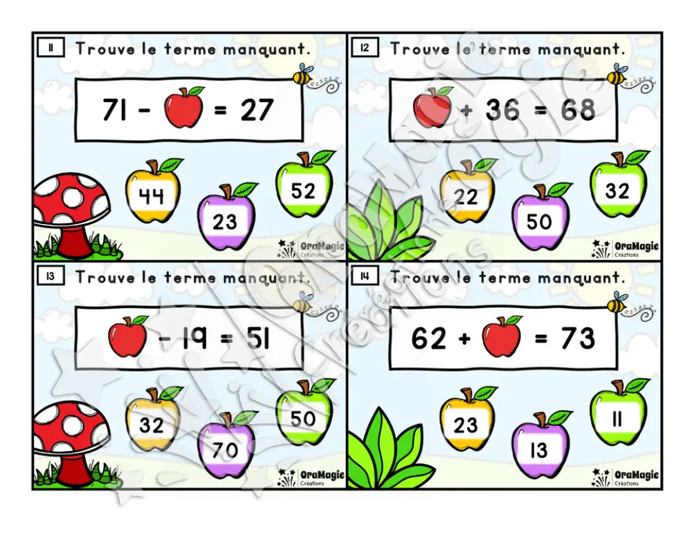 Cartes à tâches - Pommes manquantes - Additions et soustractions