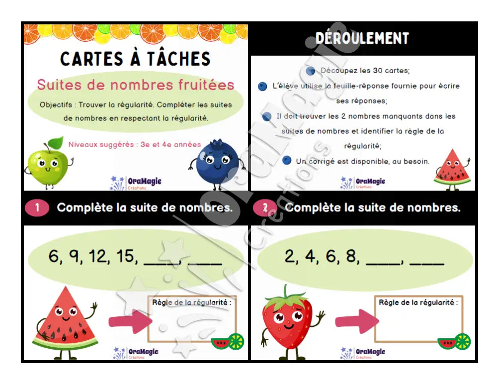 Cartes à tâches - Suites de nombres fruitées - 3e et 4e années - Produit numérique