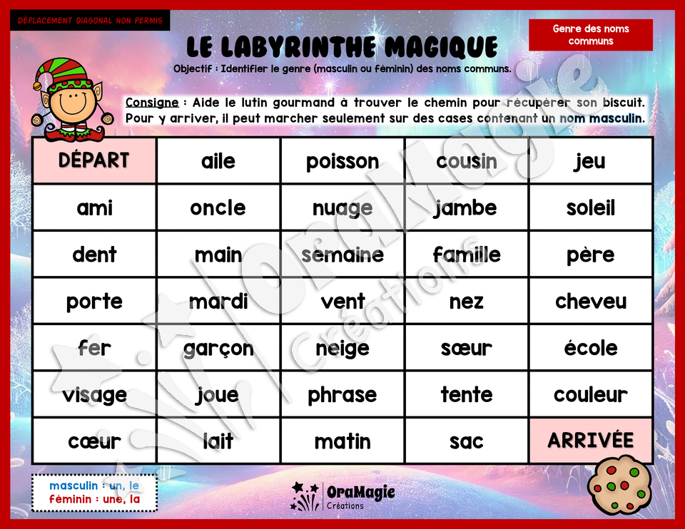 Le labyrinthe magique du genre des noms communs - Thème Noël