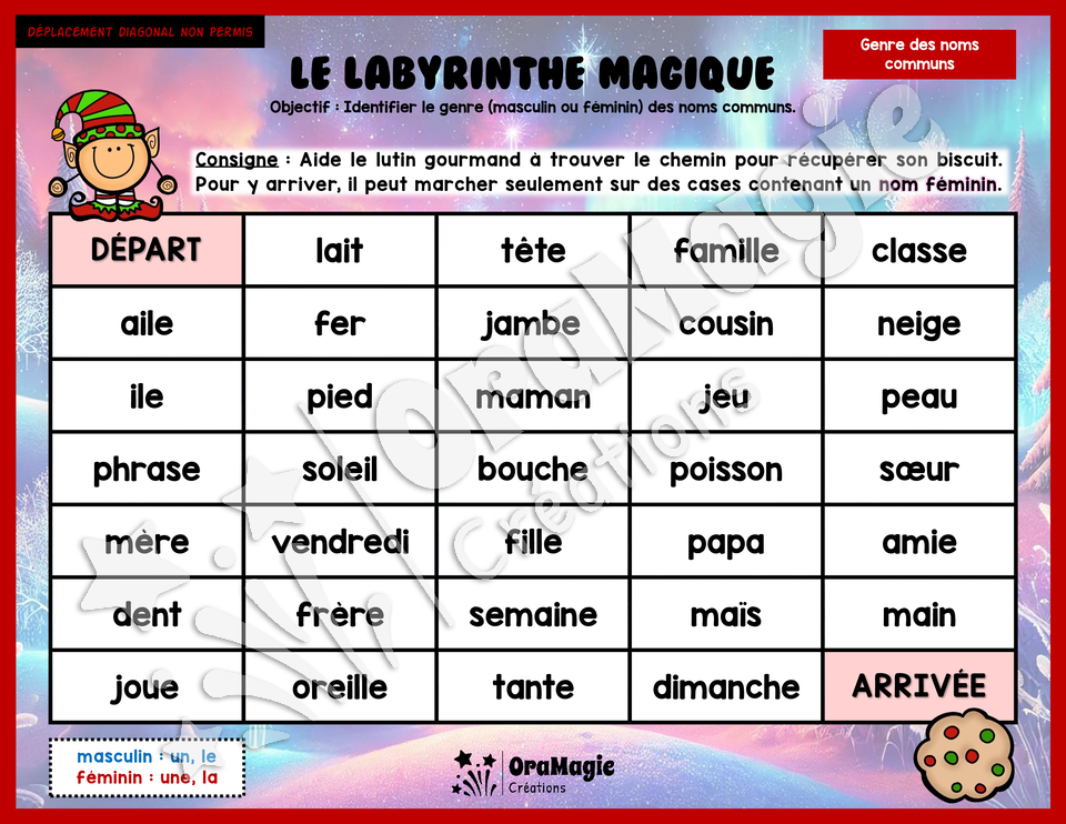 Le labyrinthe magique du genre des noms communs - Thème Noël