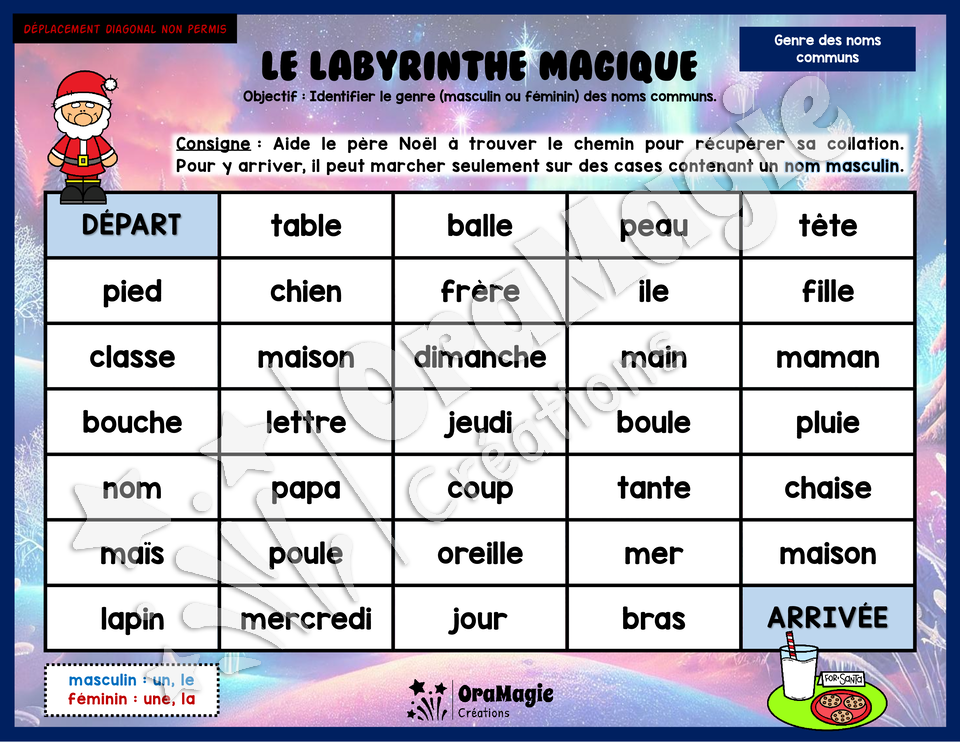 Le labyrinthe magique du genre des noms communs - Thème Noël