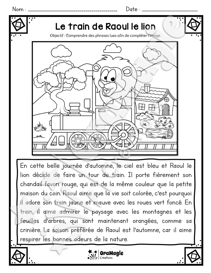 Compréhension de lecture - Lis et colorie - Le train de Raoul le lion - 2e année.pdf