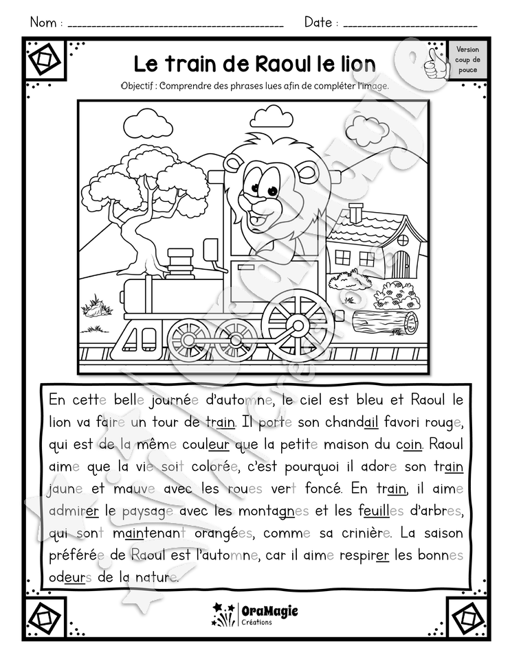 Compréhension de lecture - Lis et colorie - Le train de Raoul le lion