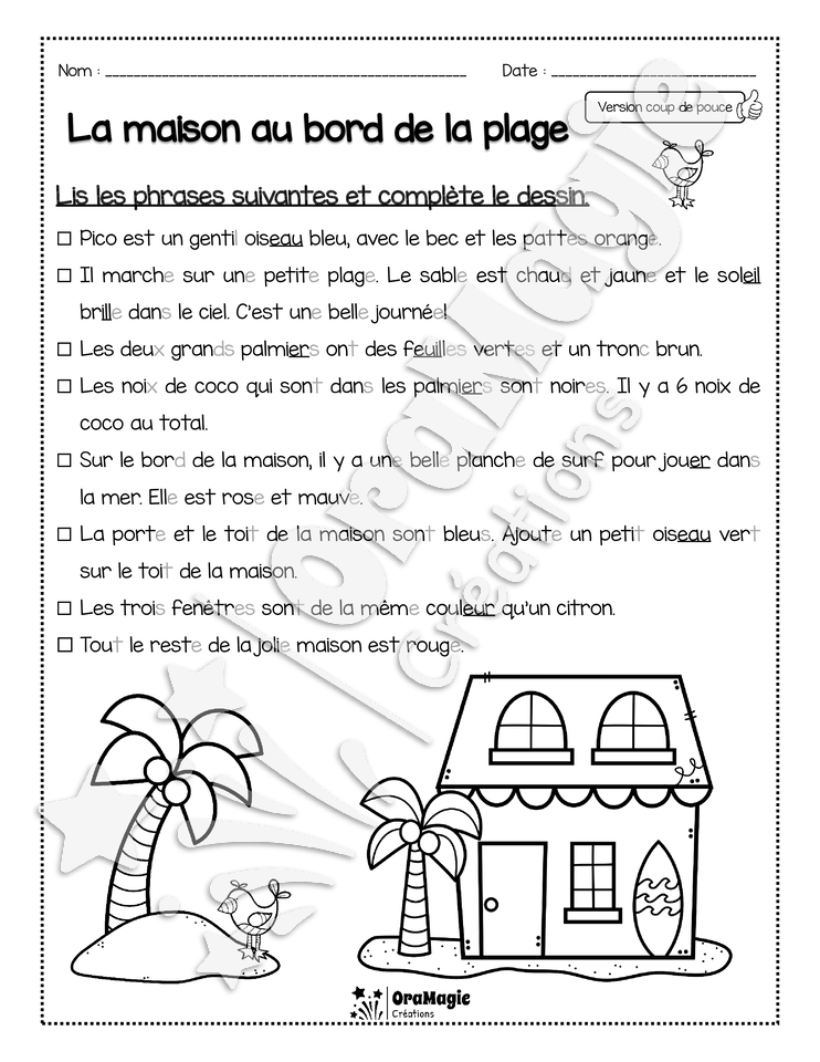 Compréhension de lecture - Lis et colorie - La maison au bord de la plage