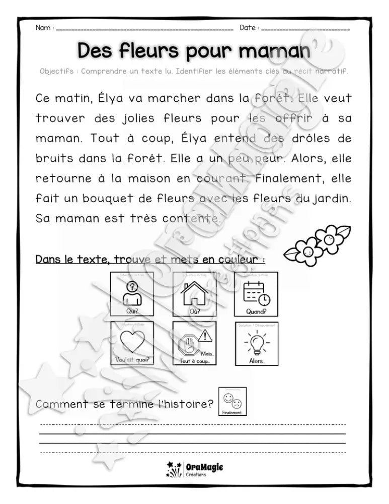 Compréhension de lecture et du récit 1re année - Des fleurs pour maman.pdf