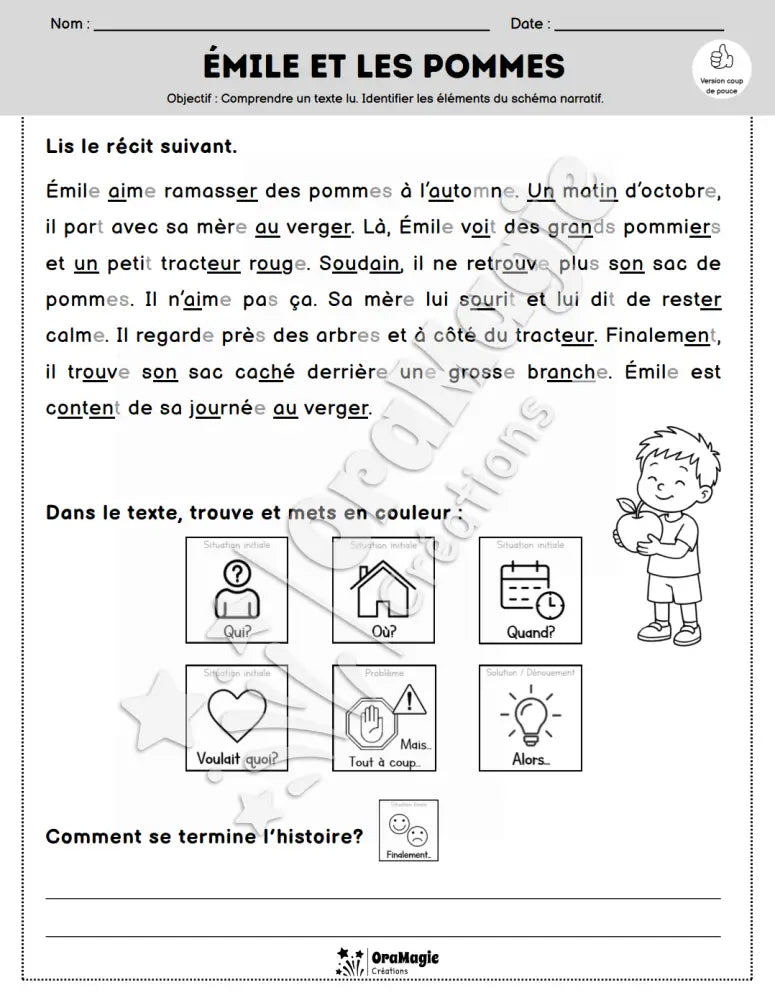 Compréhension de lecture et du récit - Émile et les pommes - Produit numérique