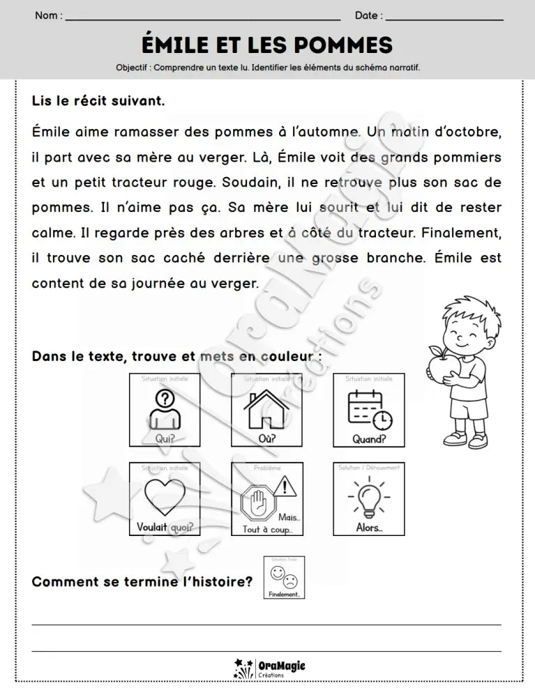 Compréhension de lecture et du récit - Émile et les pommes - Produit numérique