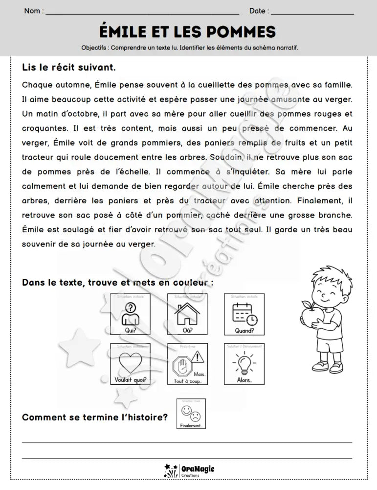 Compréhension de lecture et du récit - Émile et les pommes - 2e année - Produit numérique