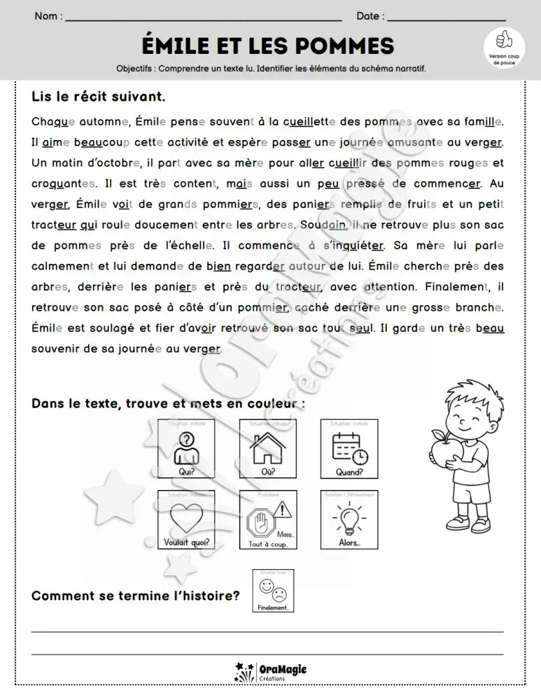 Compréhension de lecture et du récit - Émile et les pommes - 2e année - Produit numérique