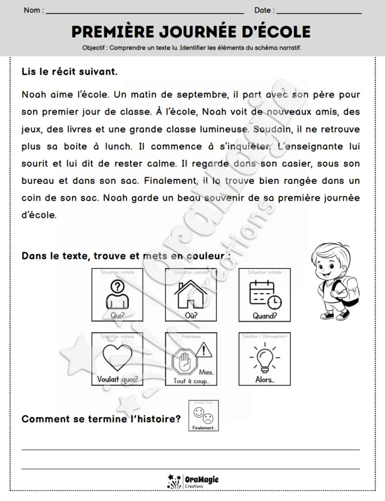 Compréhension de lecture et du récit - Première journée d’école - 1re année - Produit numérique