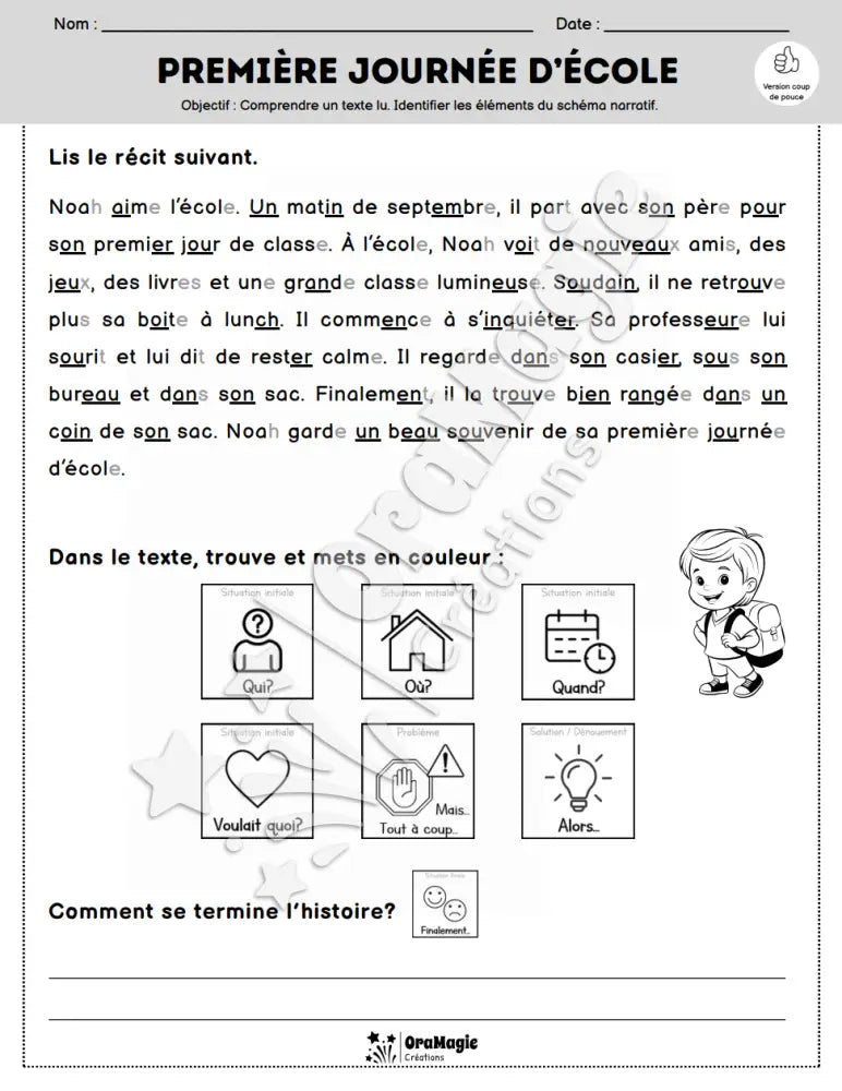 Compréhension de lecture et du récit - Première journée d’école - 1re année - Produit numérique