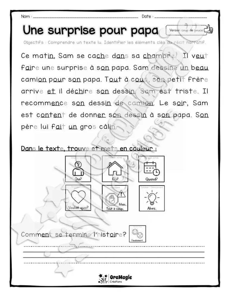 Compréhension de lecture et du récit - Une surprise pour papa